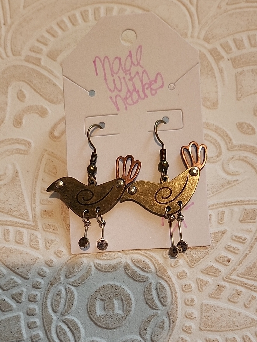 Handmade Brass Chicken Earrings - Bronze and Copper